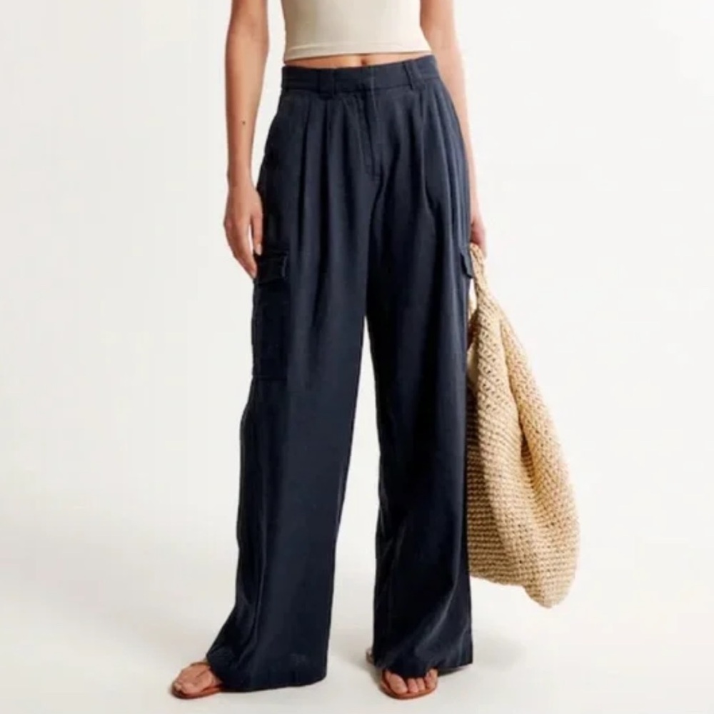 Abercrombie linen blend cotton cargo pleated ultra wide leg pants small navy